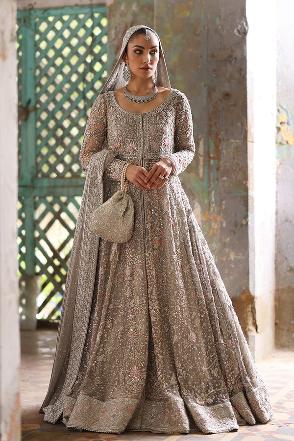 Pakistani Bridal Dress in Grey Pishwas Lehenga Style