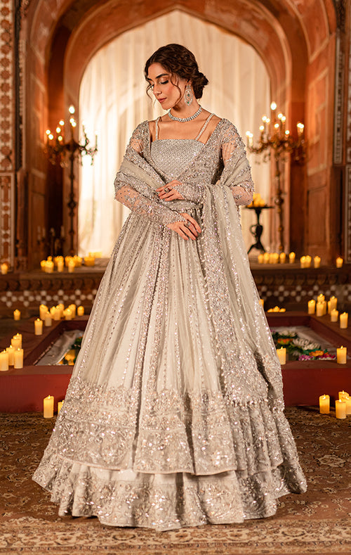 Pakistani Bridal Dress in Grey Pishwas Lehenga Style SMALL Pakistani Bridal Dress in Grey Pishwas Lehenga Style SMALL