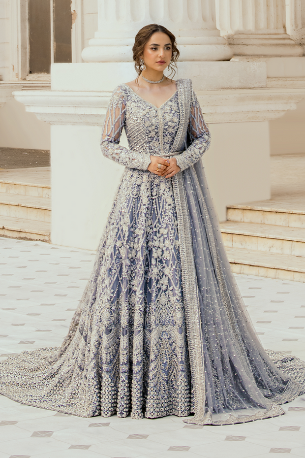 Pakistani Bridal Dress in Ice Blue Pishwas Frock Style Online