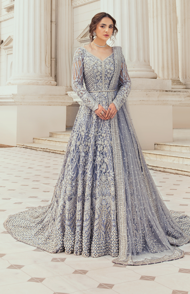 Pakistani Bridal Dress in Ice Blue Pishwas Frock Style