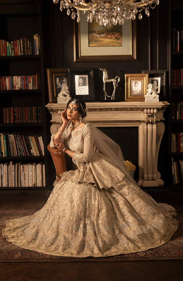 Pakistani Bridal Dress in Ivory Peplum Lehenga Style Online