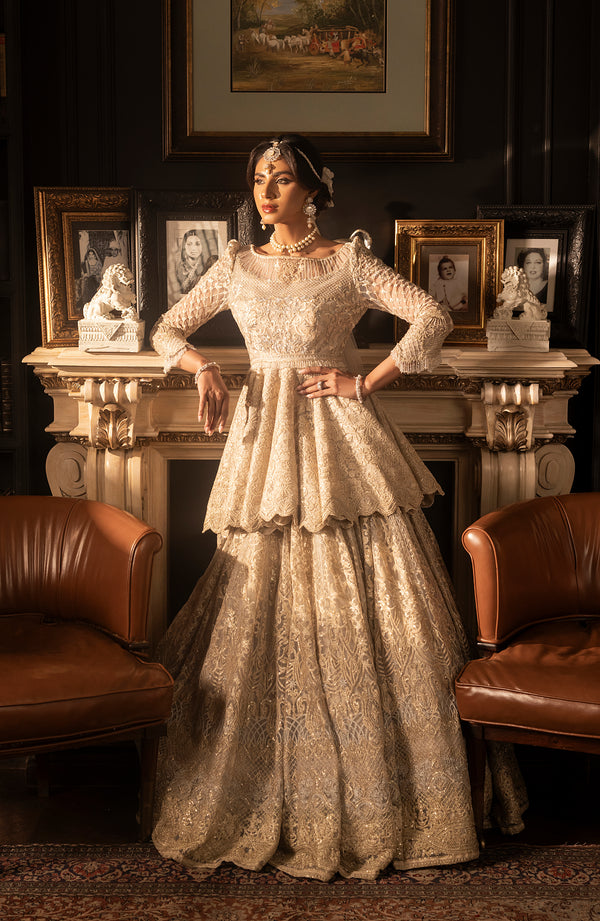 Pakistani Bridal Dress in Ivory Peplum Lehenga Style