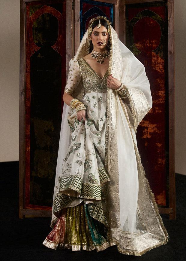 Pakistani Bridal Dress in Ivory Pishwas Lehenga Style