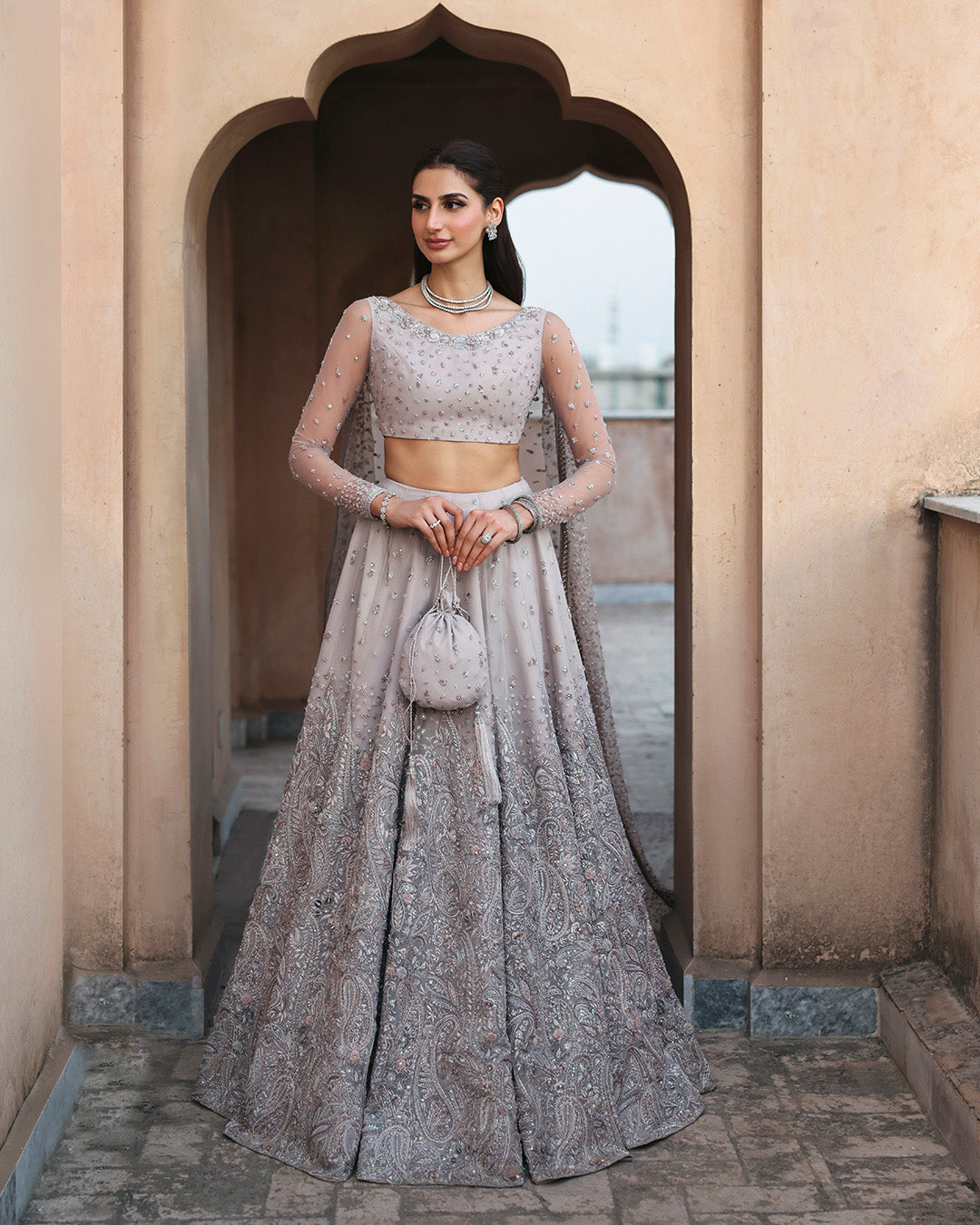 Pakistani Bridal Dress in Lehenga Choli and Veil Style