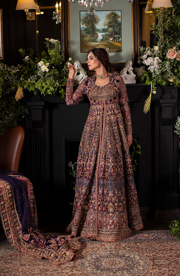 Pakistani Bridal Dress in Purple Lehenga Gown Style