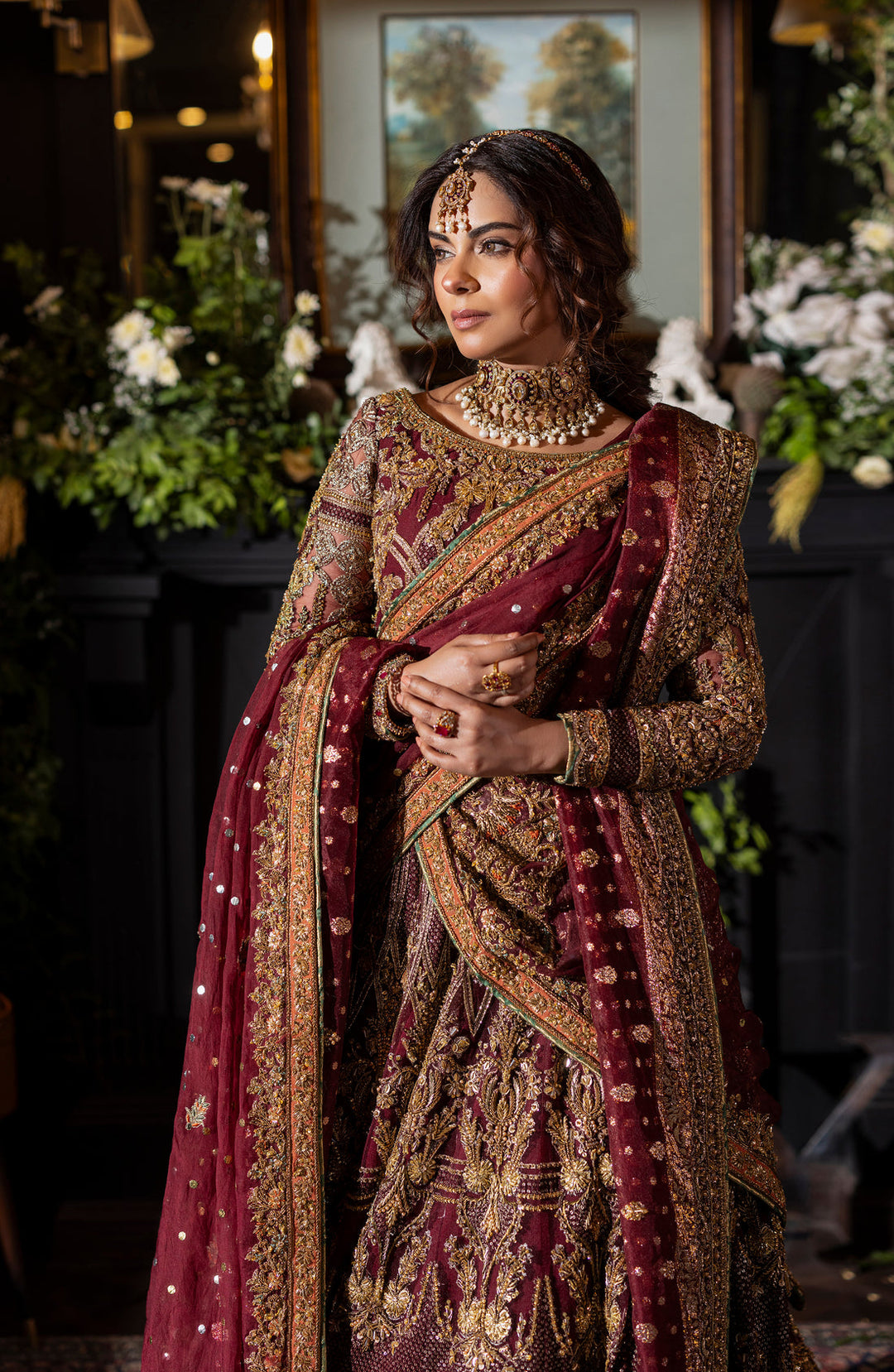 Pakistani Bridal Dress in Maroon Lehenga Choli Style Online