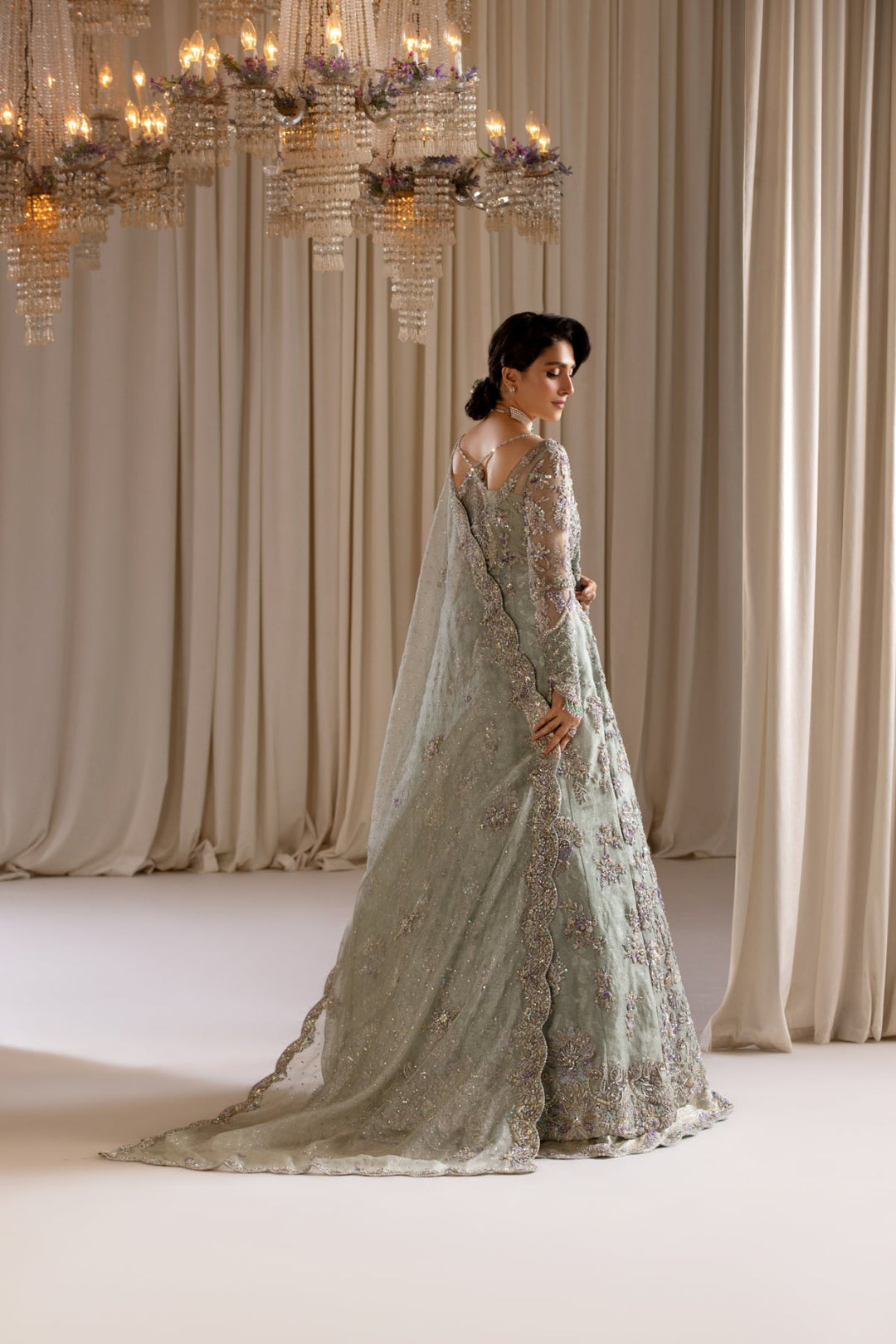 Pakistani Bridal Dress in Mint Gown and Lehenga Style Online