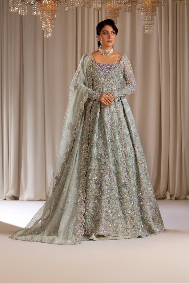 Pakistani Bridal Dress in Mint Gown and Lehenga Style
