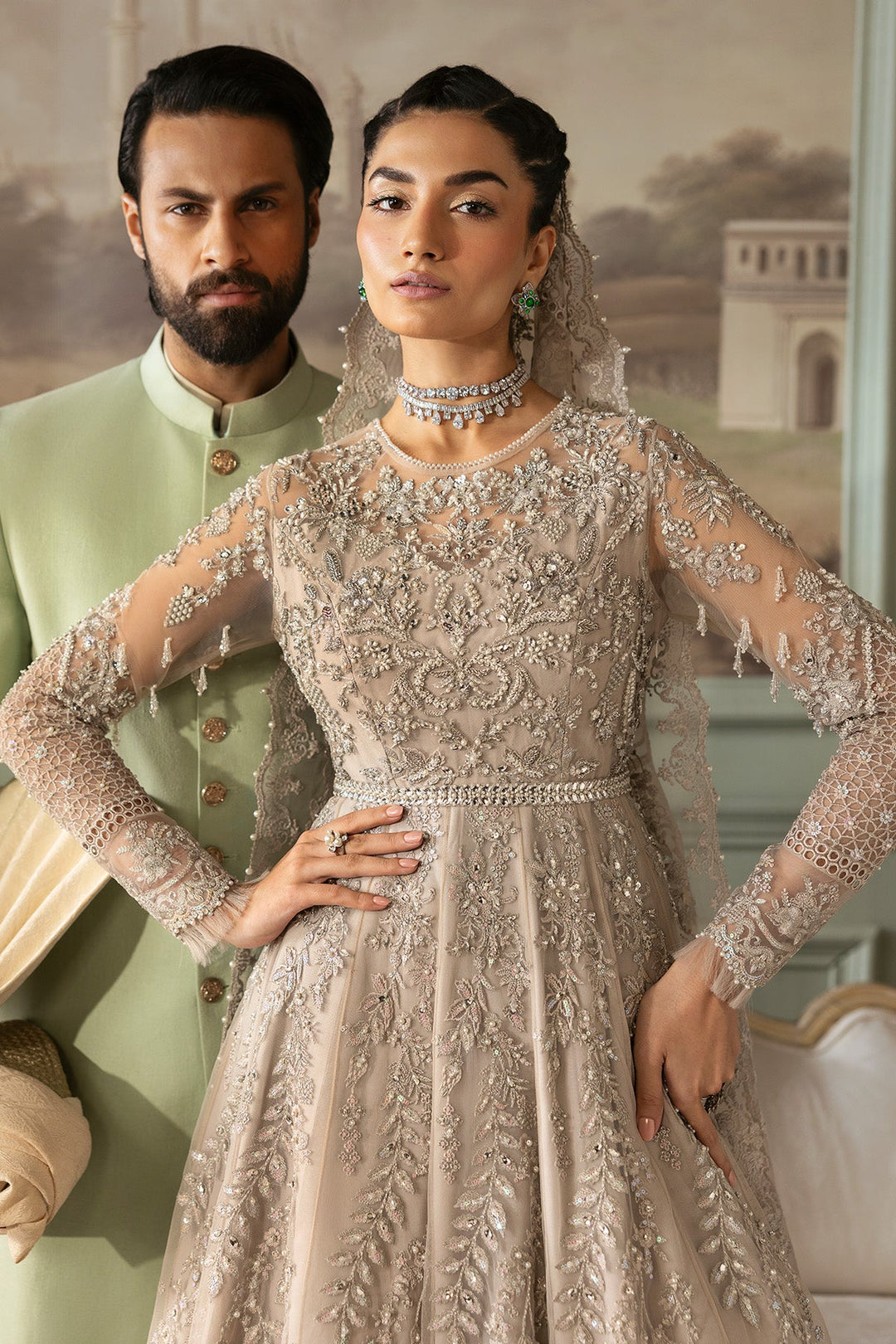 Pakistani Bridal Dress in Net Gown and Dupatta Style