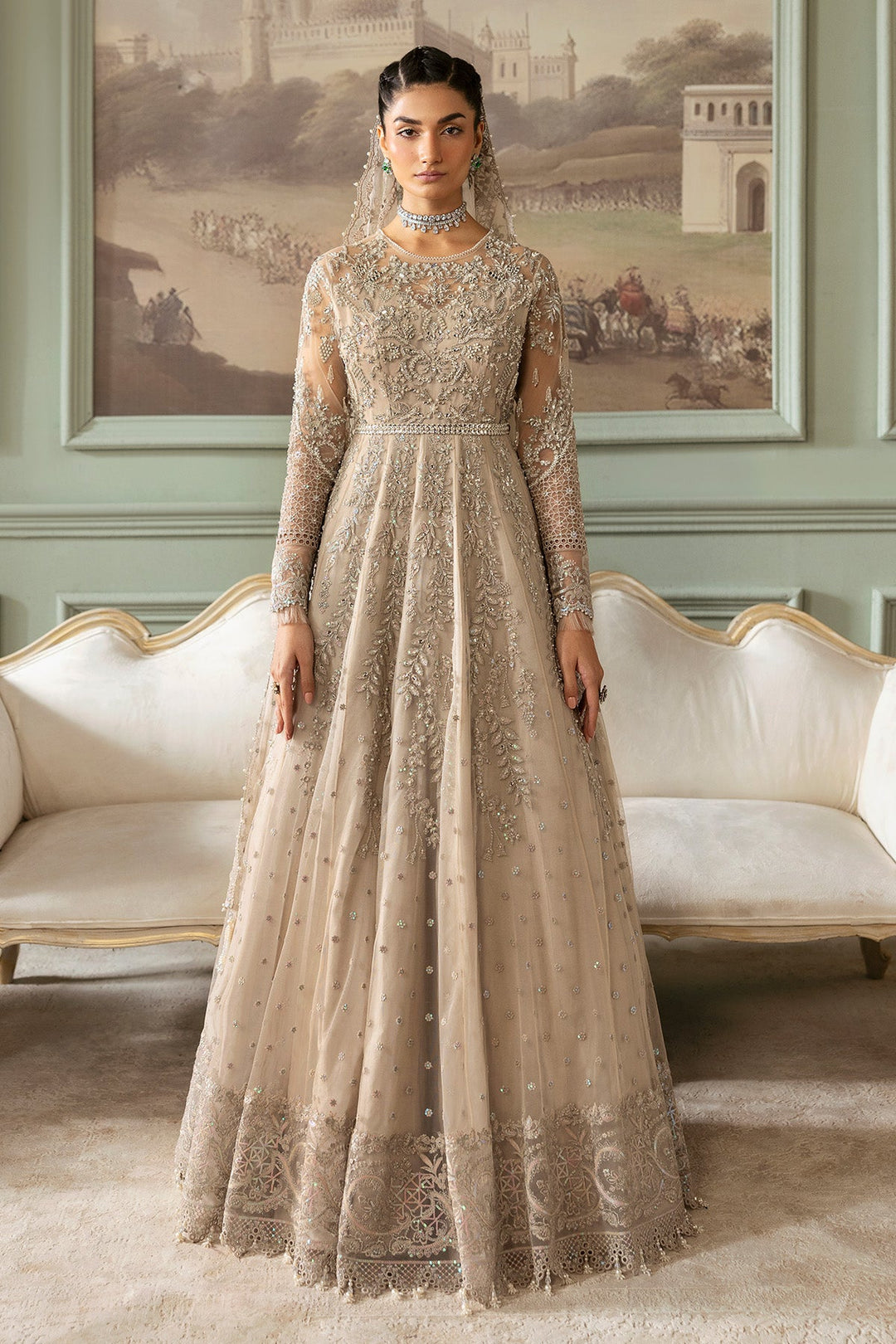 Pakistani Bridal Dress in Net Gown and Dupatta Style