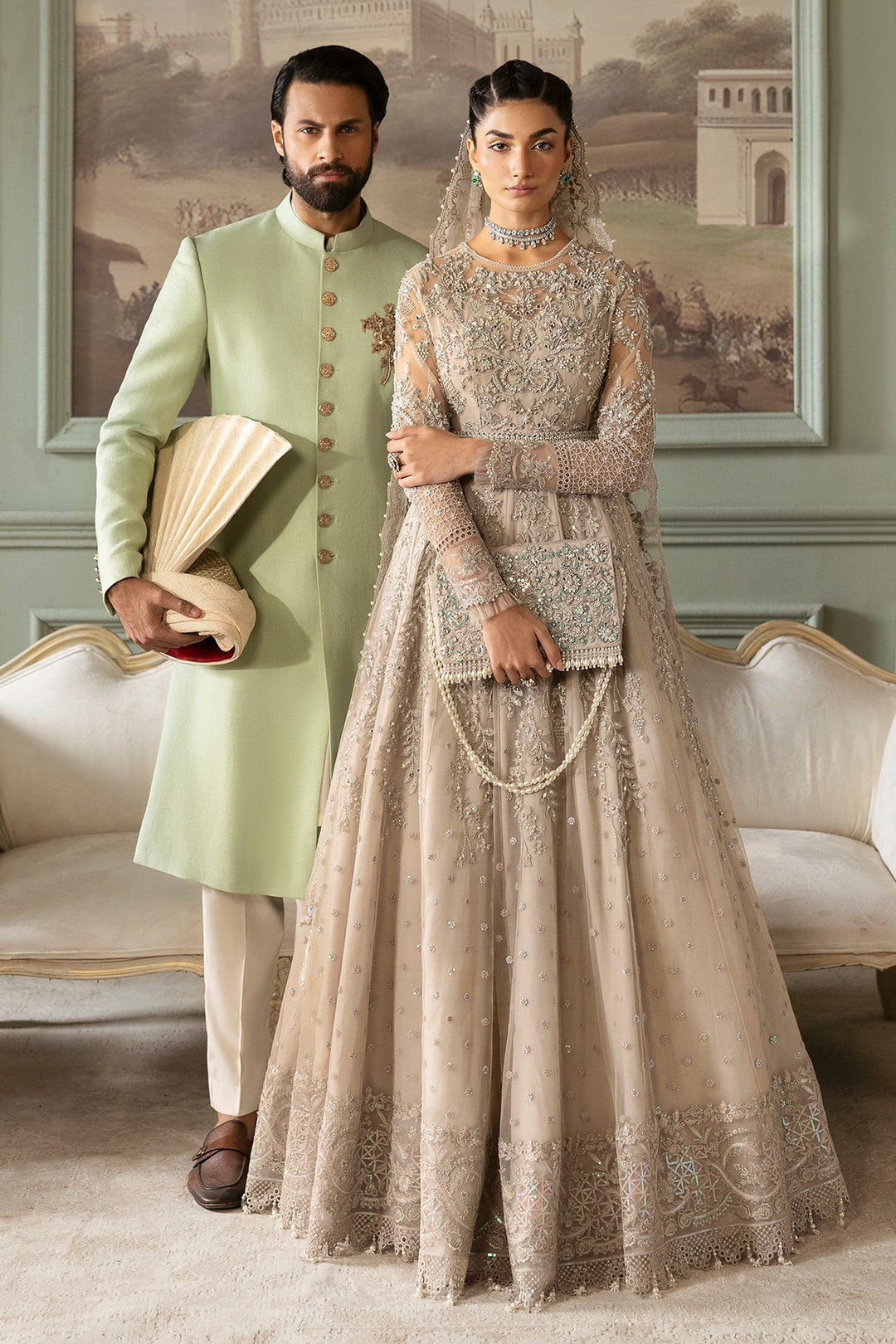 Pakistani Bridal Dress in Net Gown and Dupatta Style Online