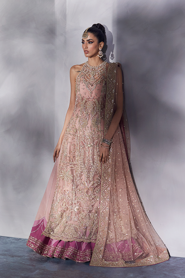 Pakistani Bridal Dress in Net Kameez and Lehenga Style