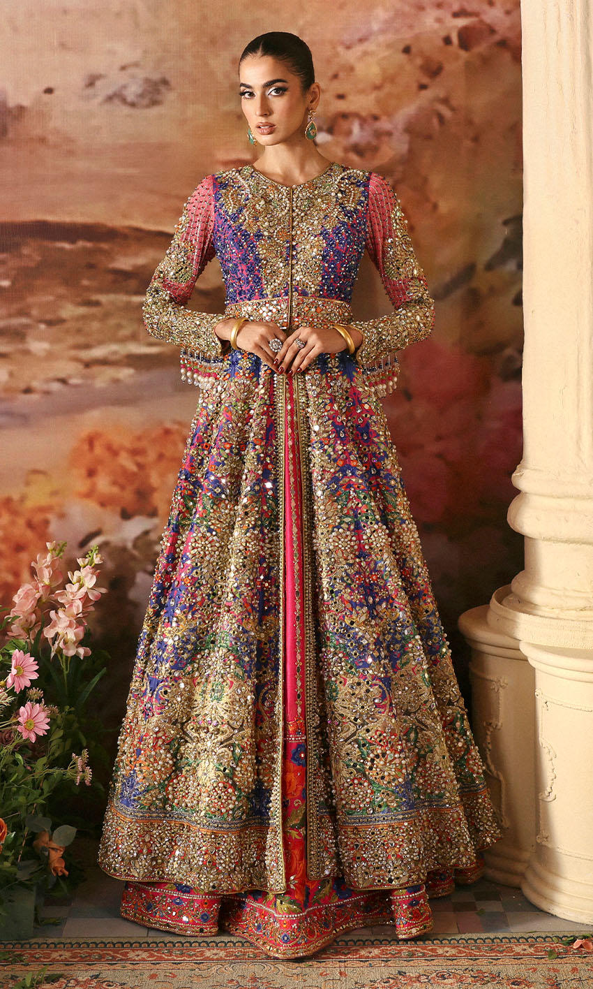 Pakistani Bridal Dress in Open Frock and Lehenga Style