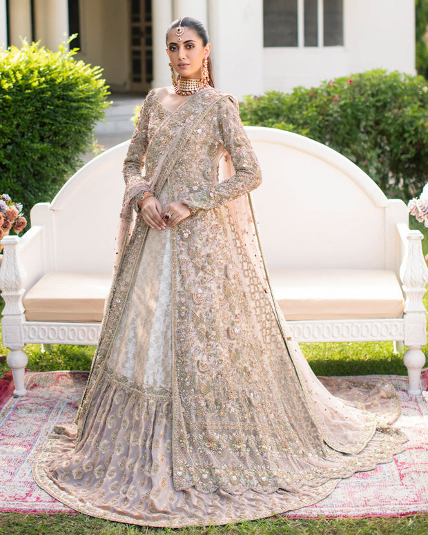 Pakistani Bridal Dress in Open Gown and Lehenga Style