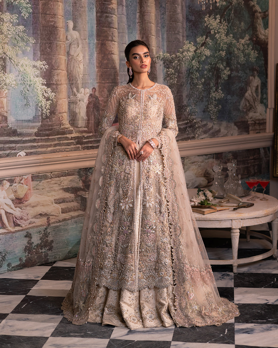 Elegant Pakistani Bridal Dress: Open Gown & Lehenga Style