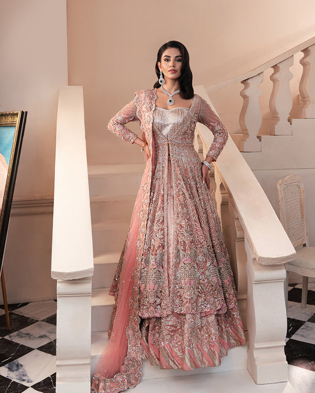 Pakistani Bridal Dress in Open Pishwas Lehenga Style