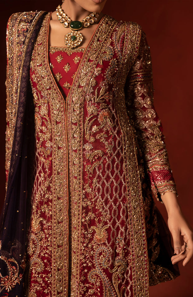 Pakistani Bridal Dress in Open Shirt Sharara Dupatta Style