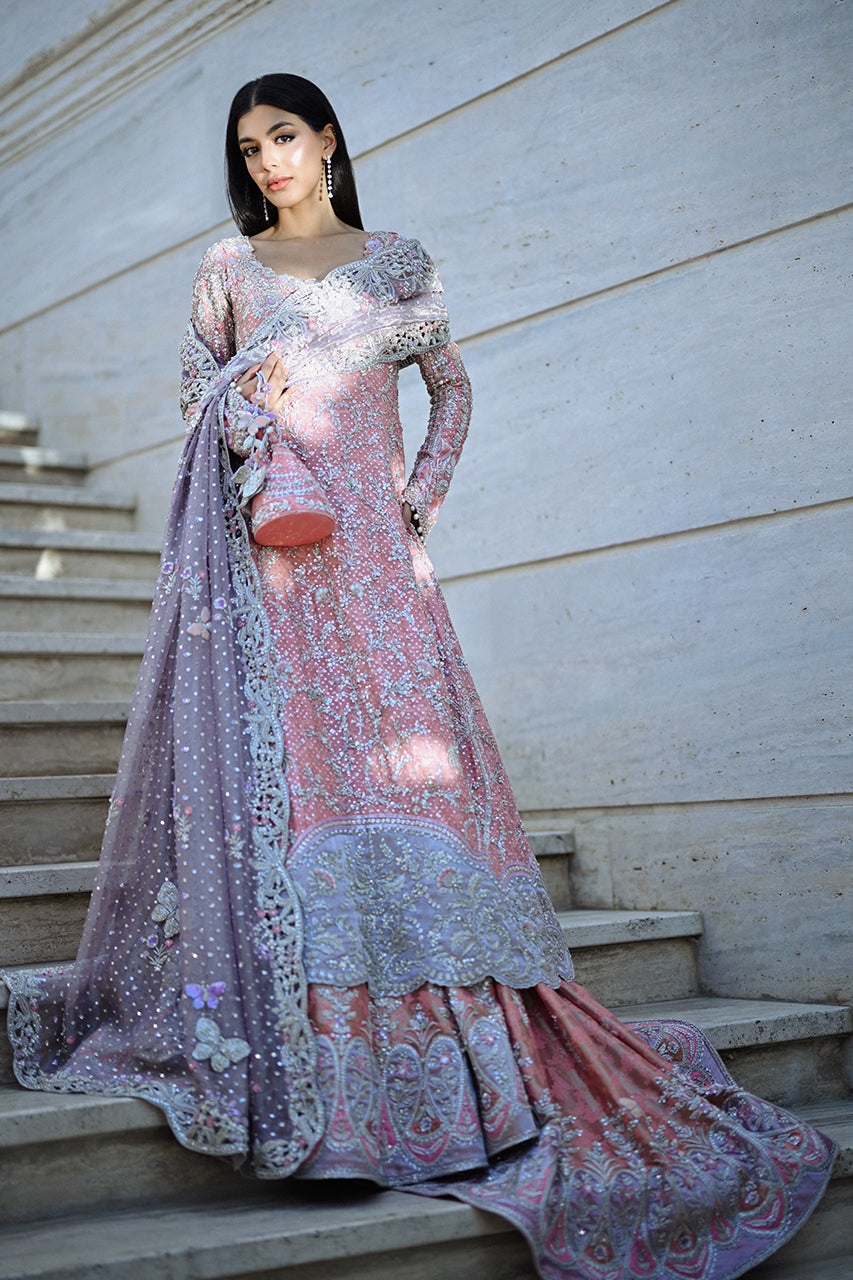 Peach Pakistani Bridal Dress with Lehenga Pishwas Style