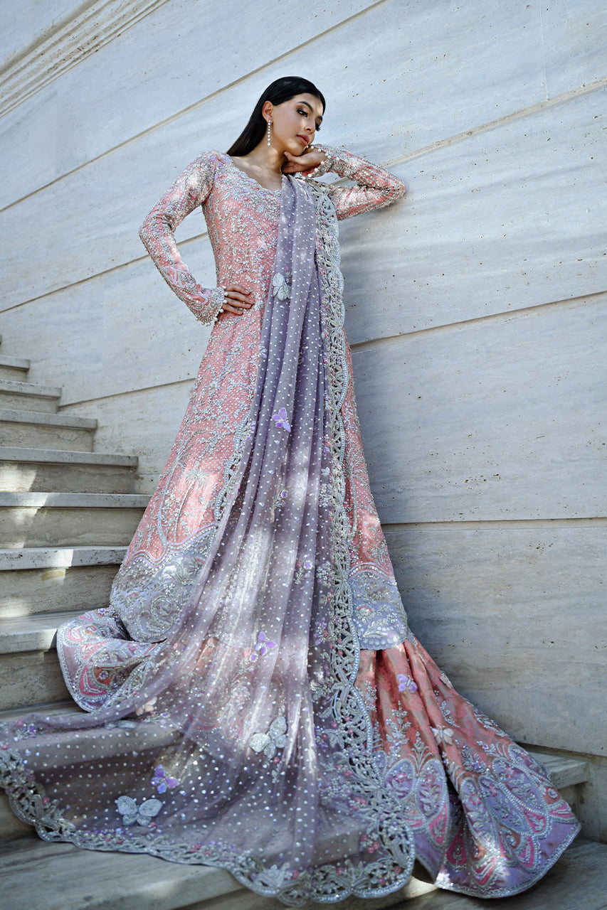 Peach Pakistani Bridal Dress with Lehenga Pishwas Style
