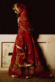Pakistani Bridal Dress in Pishwas and Red Lehenga Style