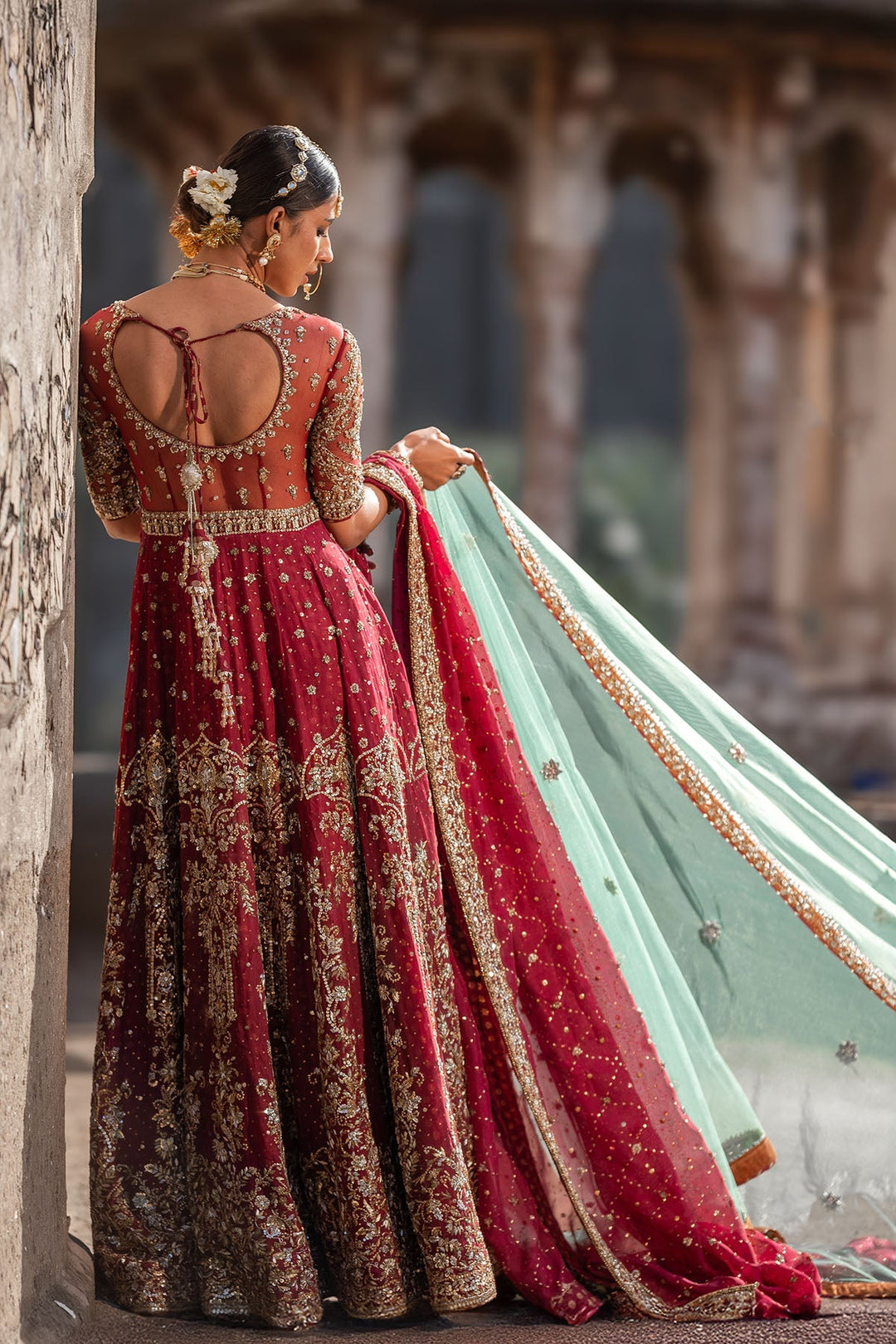 Elegant Maroon Pakistani Bridal Dress with Dupatta Style