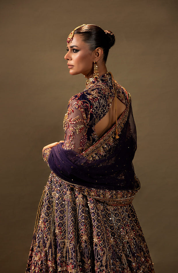 Pakistani Bridal Dress in Purple Gown and Lehenga Style Online