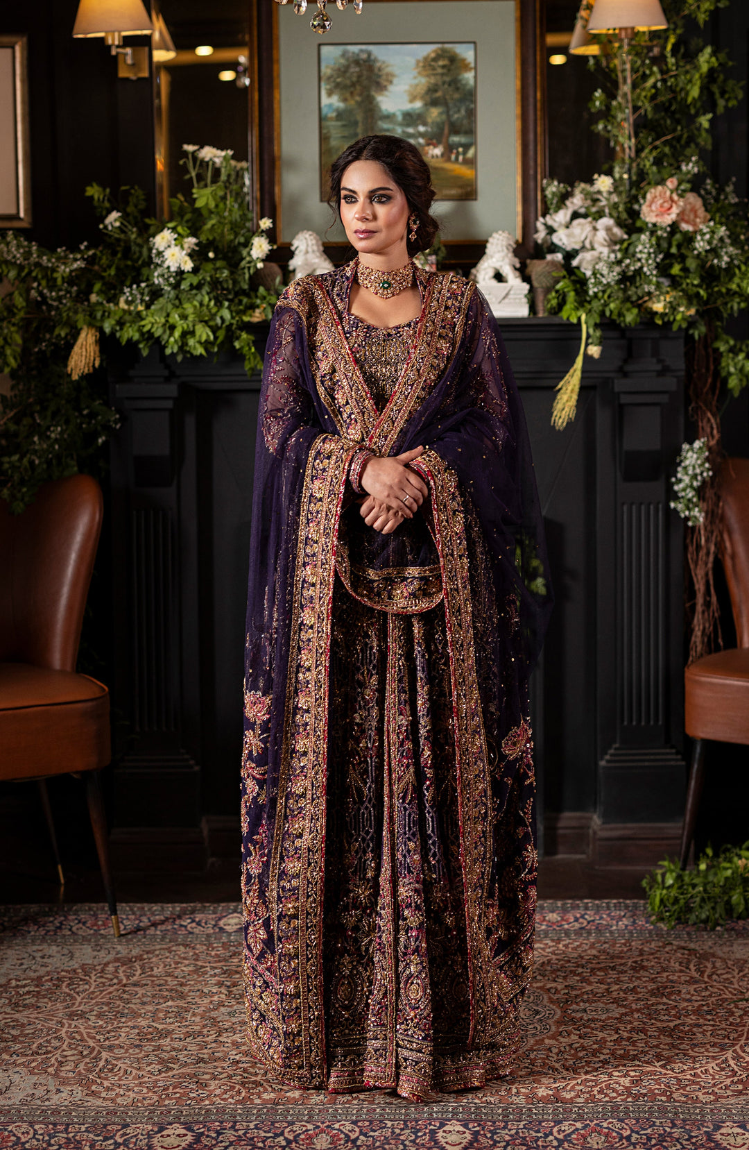Pakistani Bridal Dress in Purple Lehenga Gown Style
