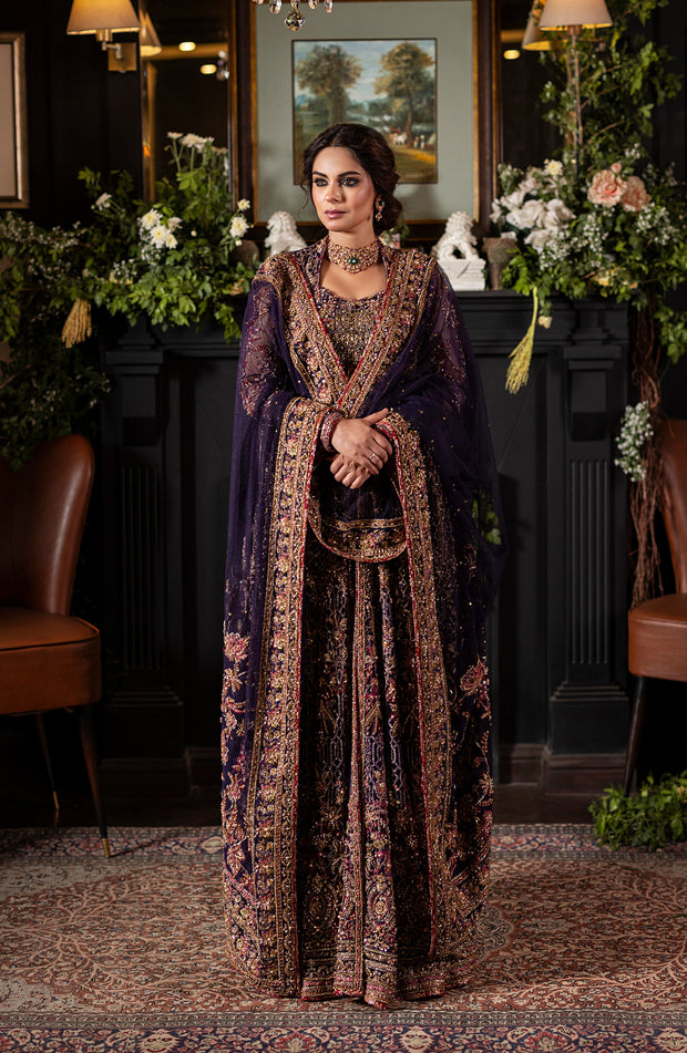 Pakistani Bridal Dress in Purple Lehenga Gown Style