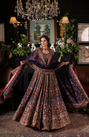 Pakistani Bridal Dress in Purple Lehenga and Gown Style