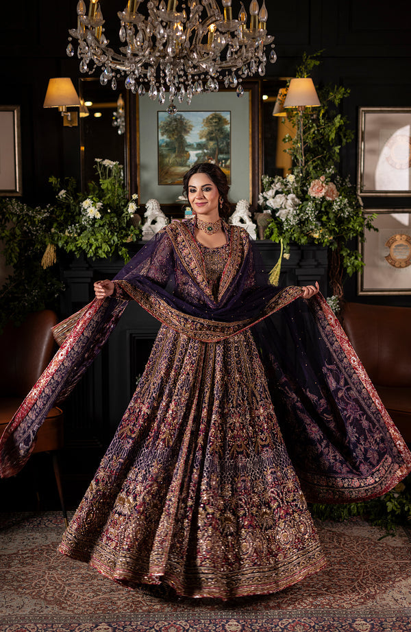 Pakistani Bridal Dress in Purple Lehenga and Gown Style