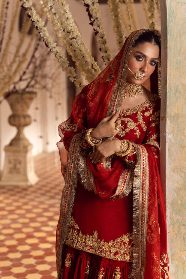Pakistani Bridal Dress in Red Gharara and Kameez Style Online