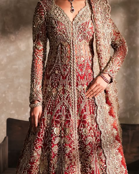 Pakistani Bridal Dress in Red Gown and Lehenga Style
