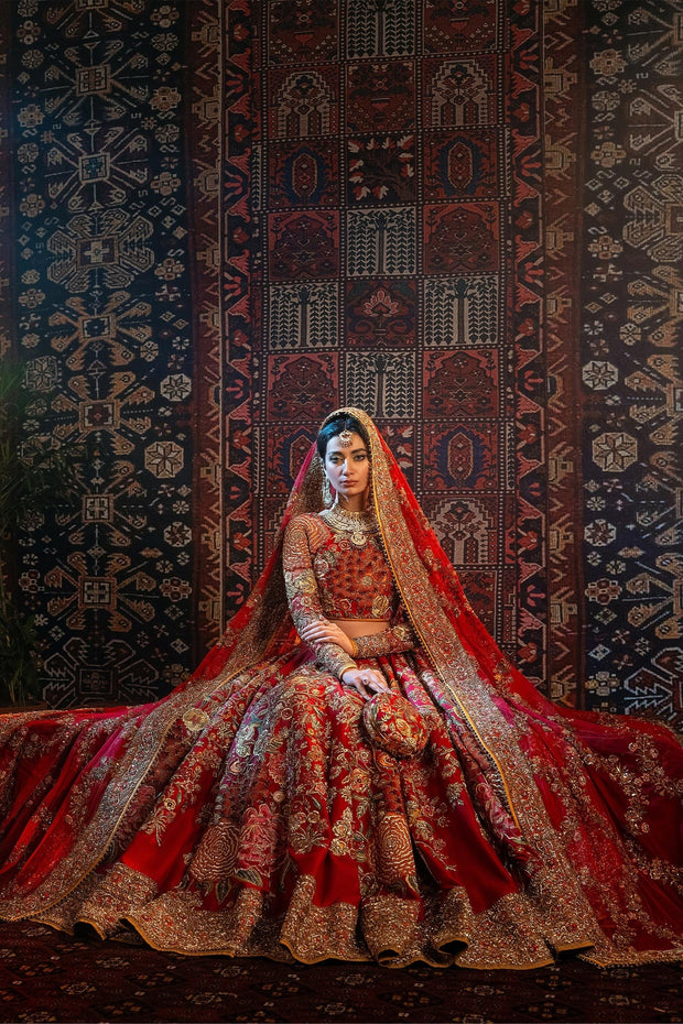 Pakistani Bridal Dress in Red Lehenga Choli Style