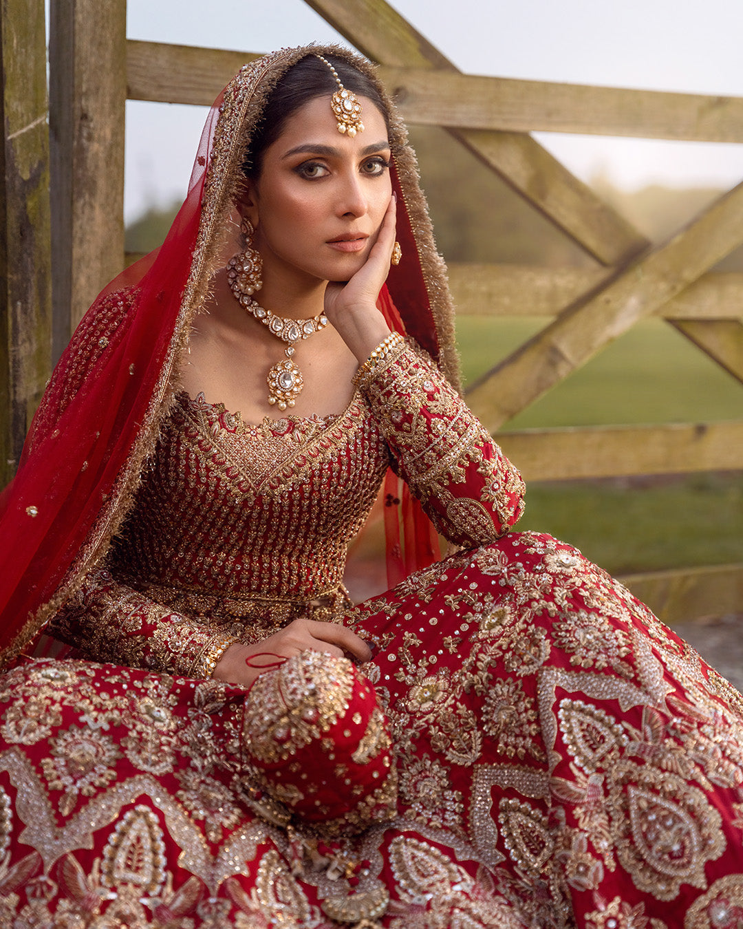 Elegant Pakistani Bridal Lehenga Choli in Red Raw Silk