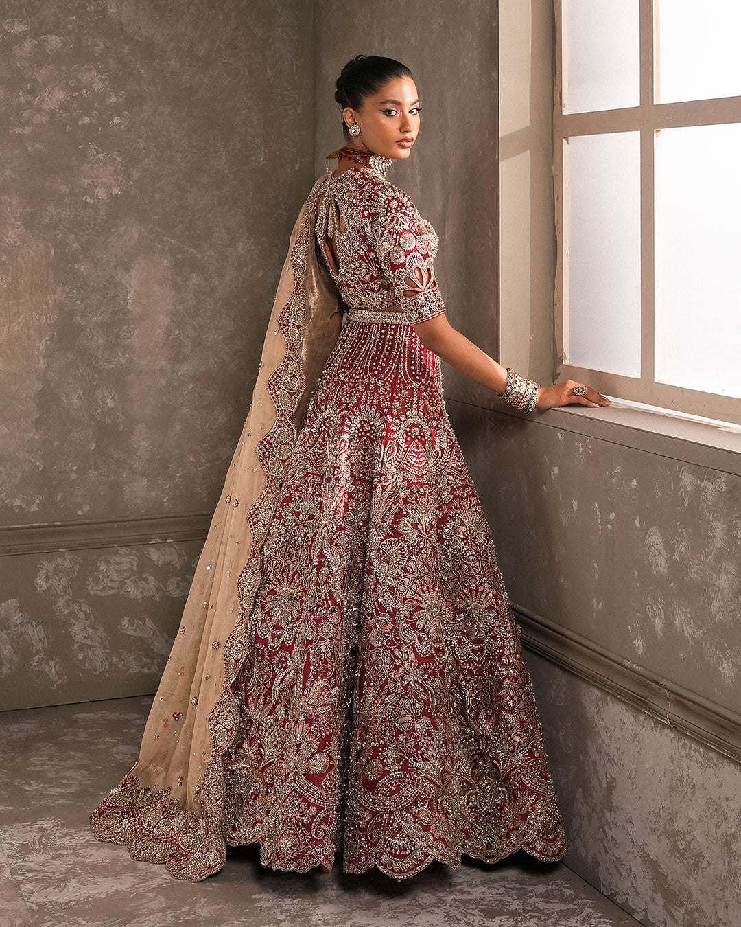 Pakistani Bridal Dress in Red Lehenga Dupatta Style