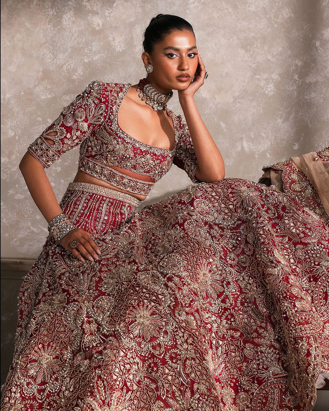 Pakistani Bridal Dress in Red Lehenga Dupatta Style Online