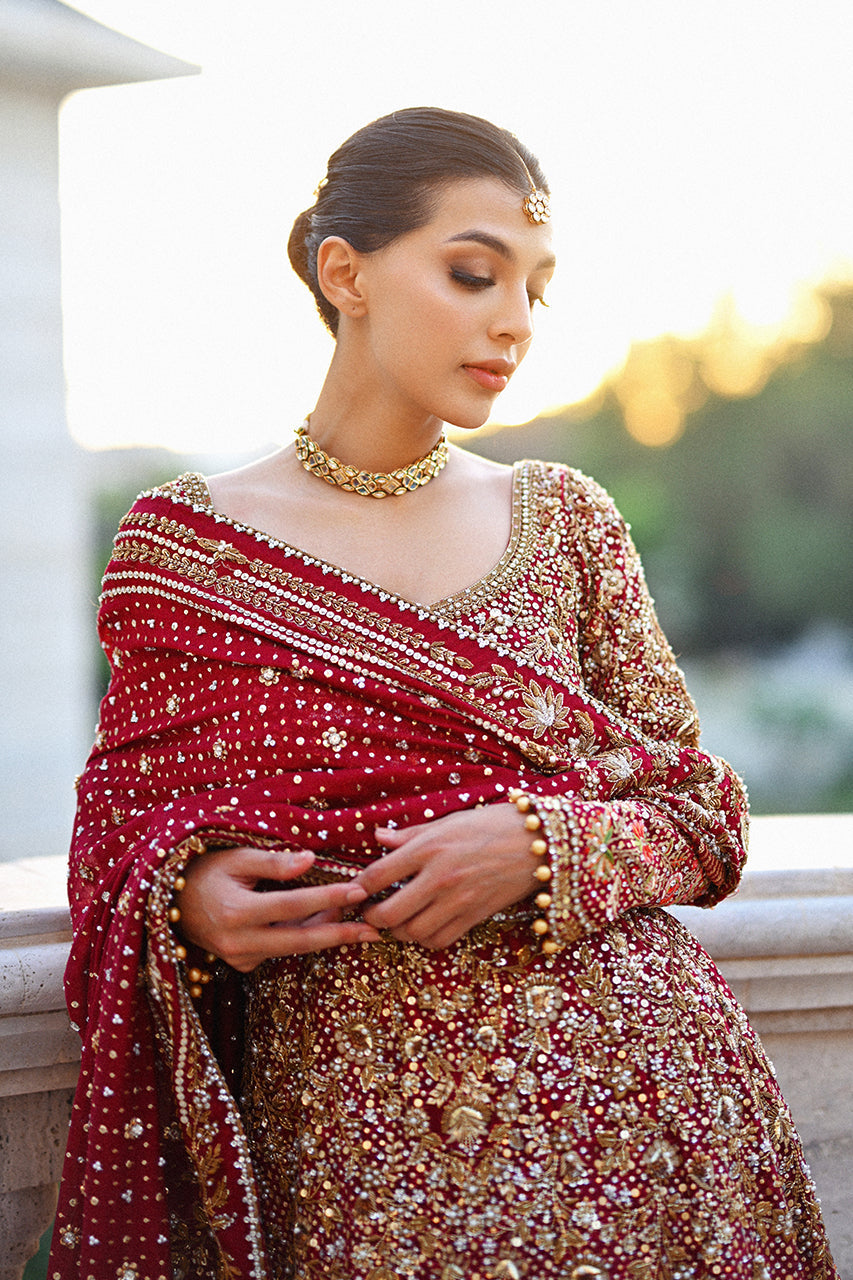 Exquisite Red Pakistani Bridal Lehenga in Pishwas Style