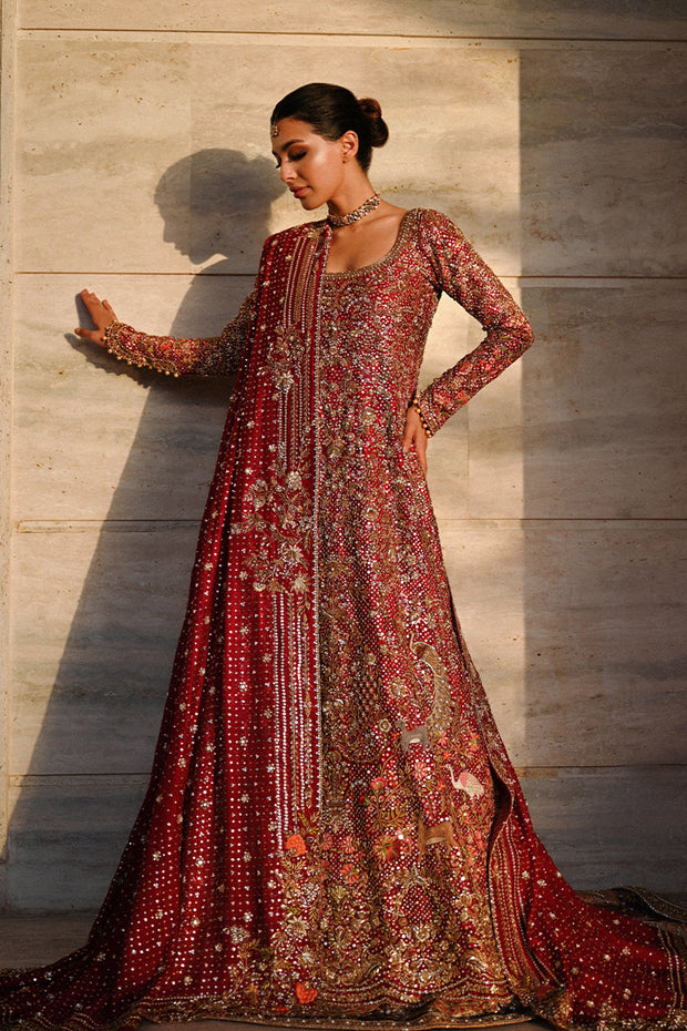 Pakistani Bridal Dress in Red Lehenga Pishwas Style