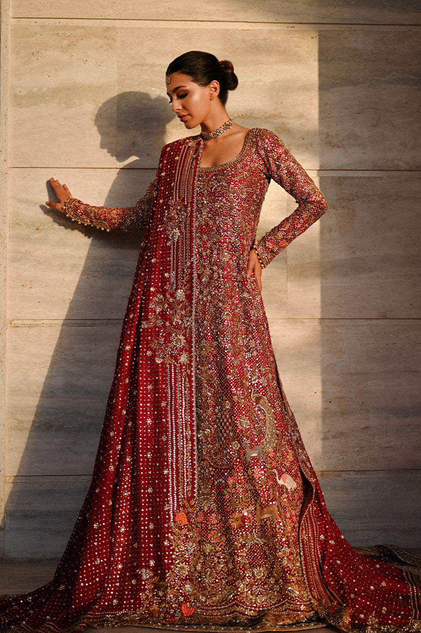 Exquisite Red Pakistani Bridal Lehenga in Pishwas Style