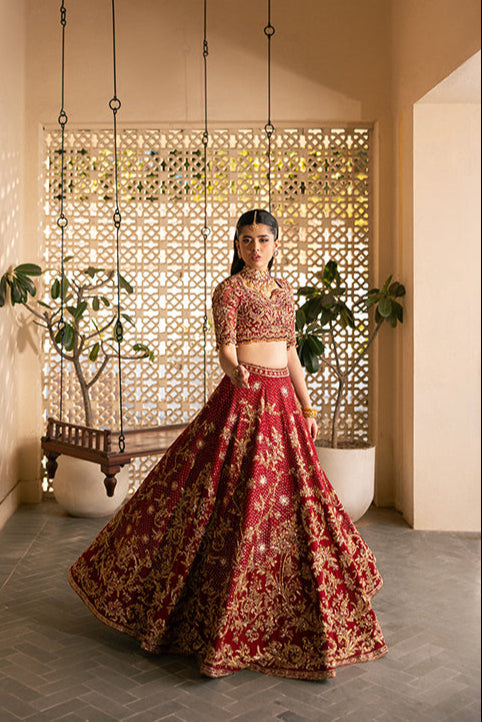 Pakistani Bridal Dress in Red Lehenga and Choli Style Online