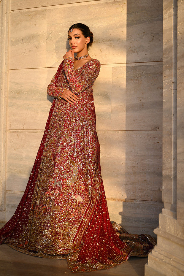 Pakistani Bridal Dress in Red Lehenga Pishwas Style