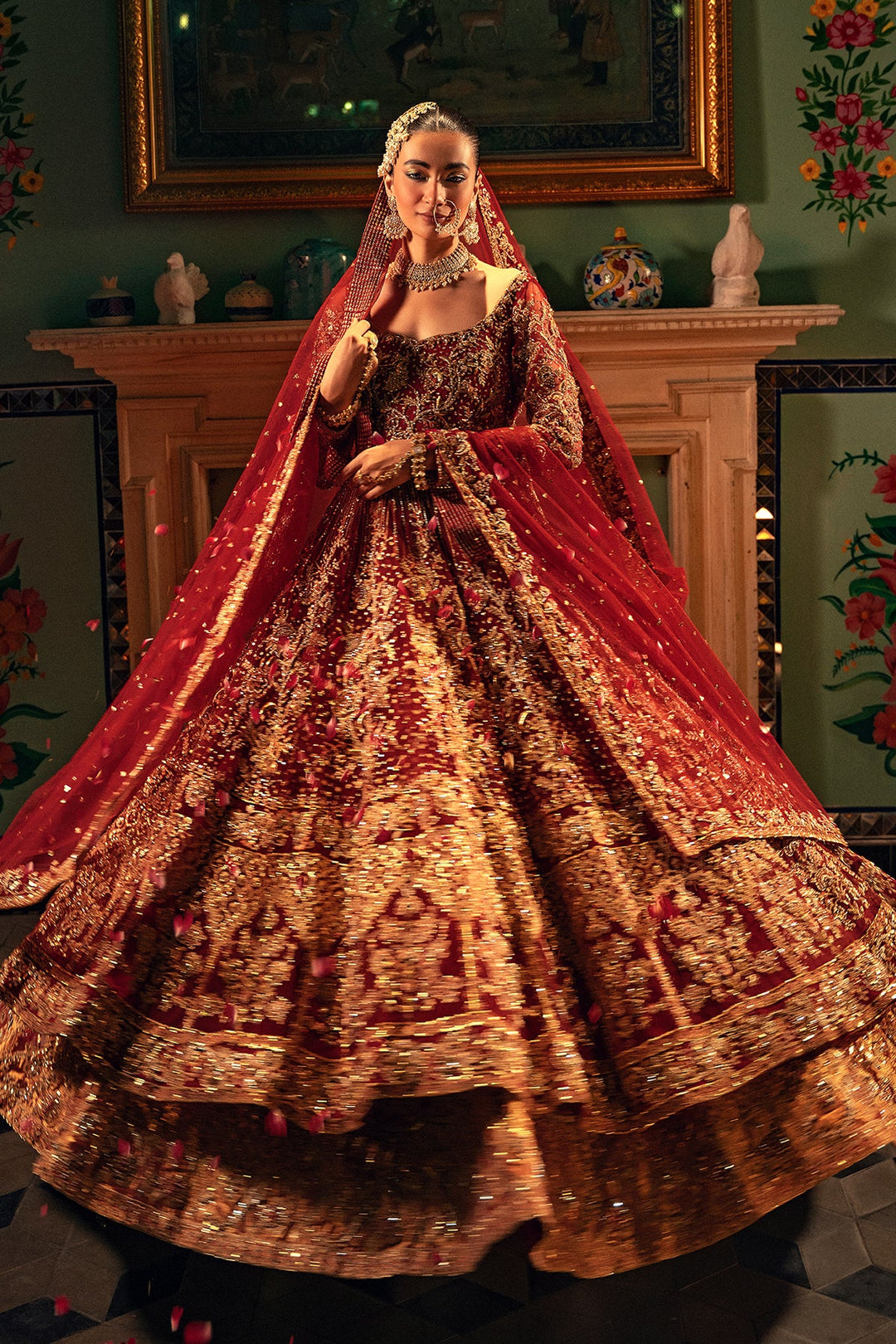 Pakistani Bridal Dress in Red Pishwas Lehenga Style Online