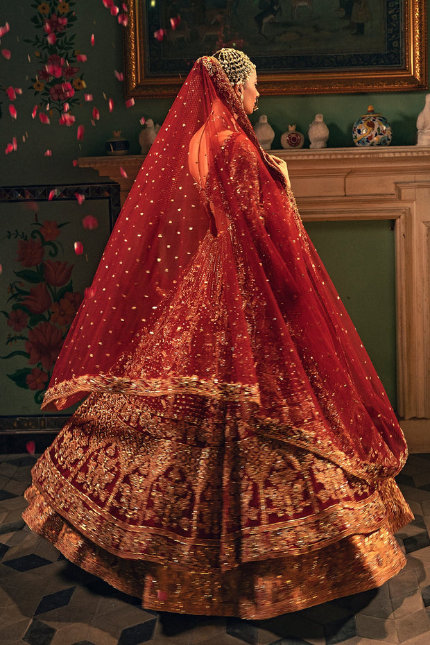 Pakistani Bridal Dress in Red Pishwas Lehenga Style