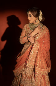 Pakistani Bridal Dress in Rust Pishwas Lehenga Style