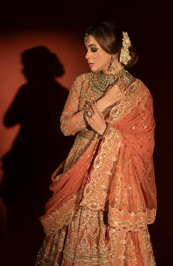 Pakistani Bridal Dress in Rust Pishwas Lehenga Style