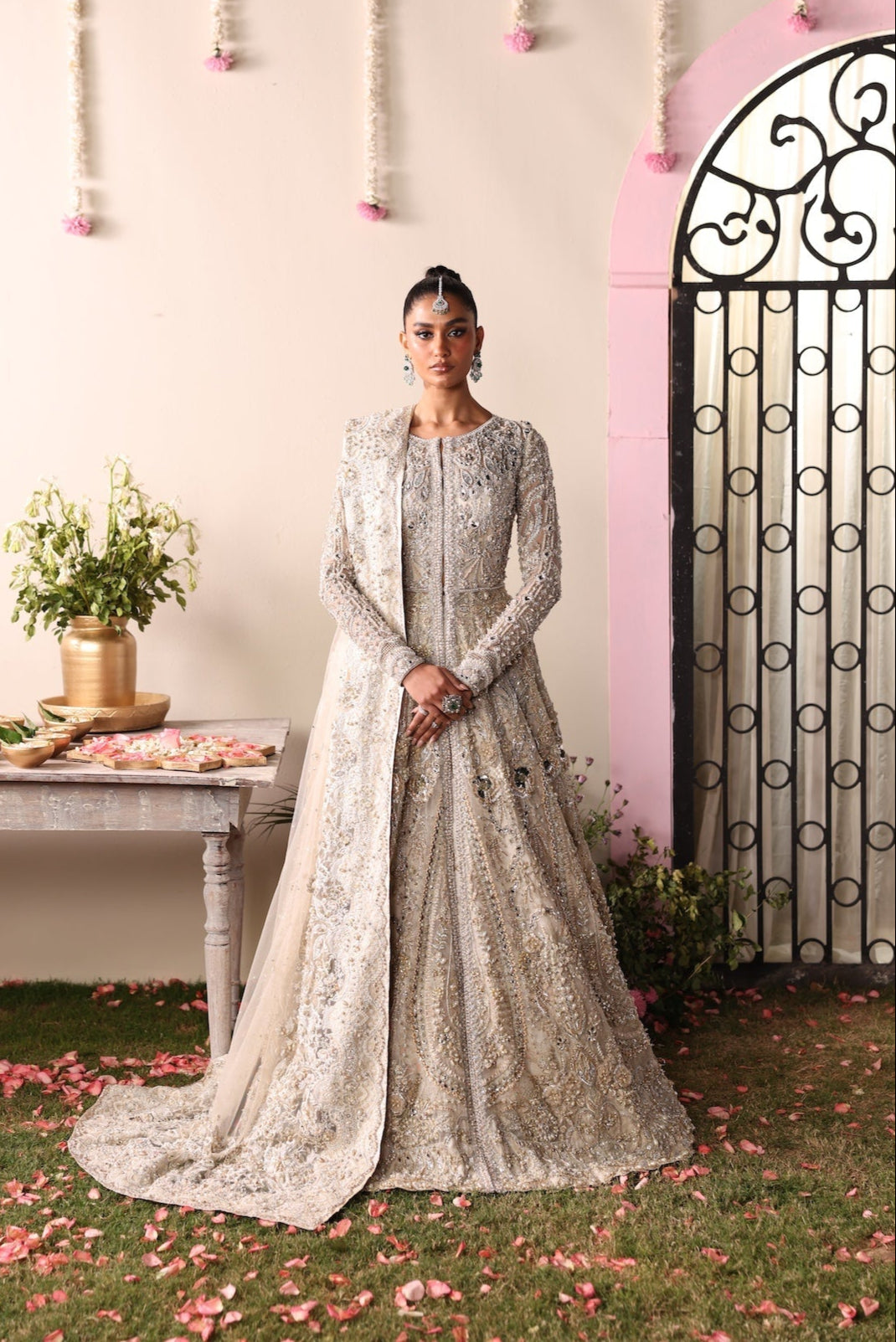 Pakistani Bridal Dress in Silver Gown Lehenga Style Online