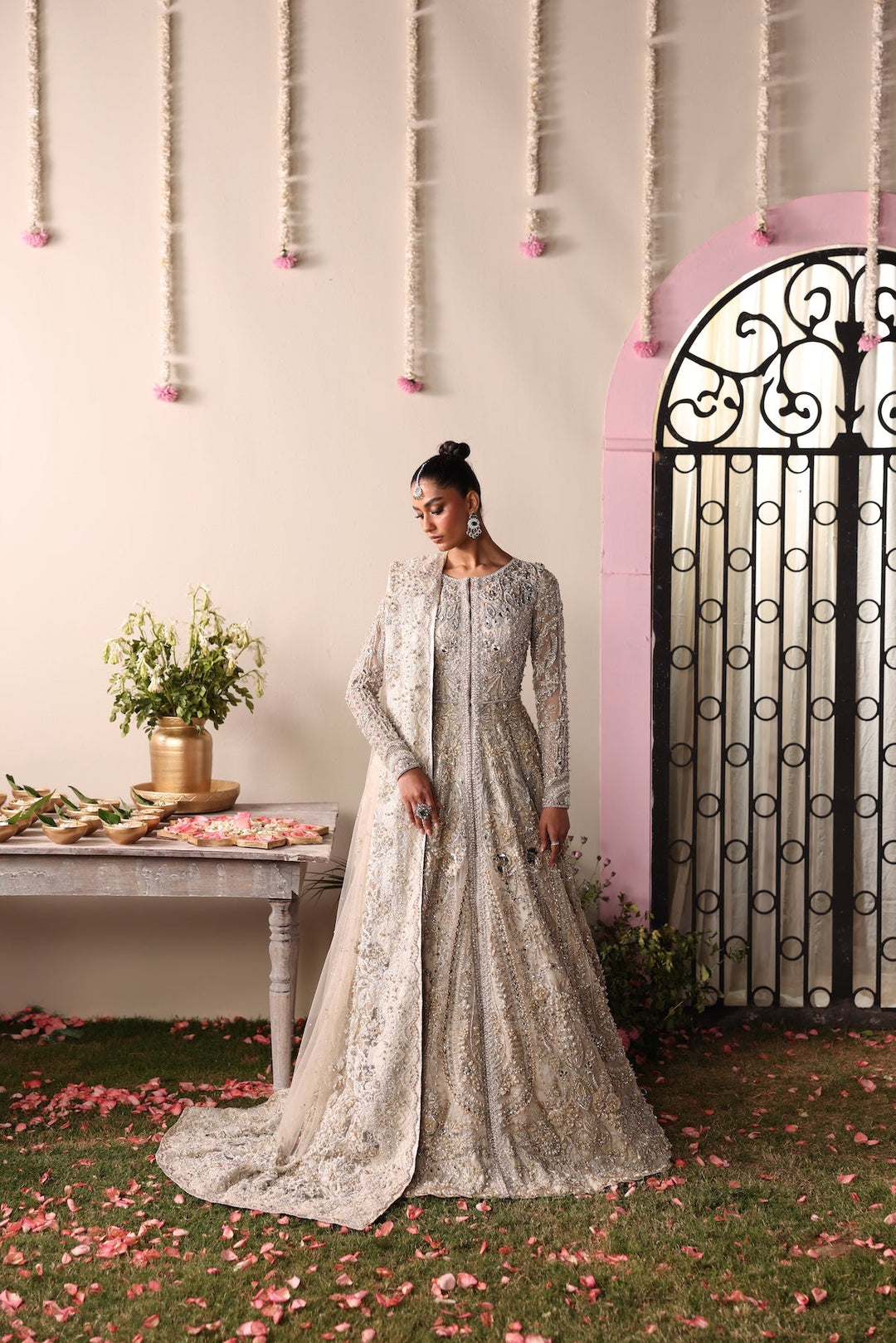 Pakistani Bridal Dress in Silver Gown Lehenga Style