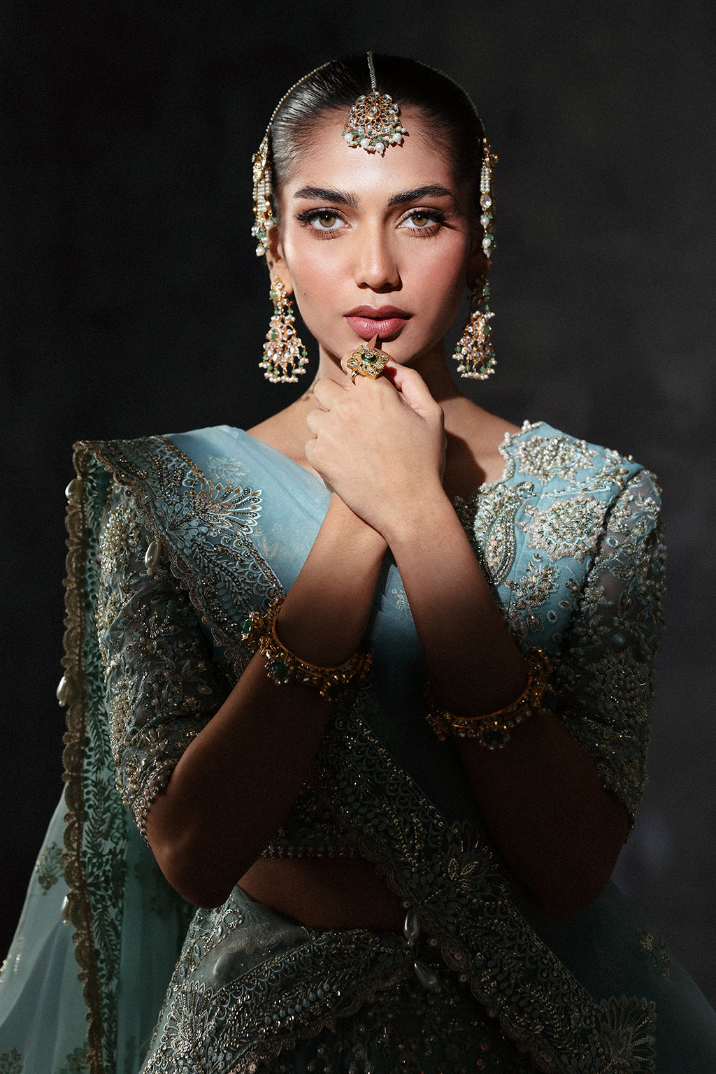 Pakistani Bridal Dress in Turquoise Choli and Lehenga Style
