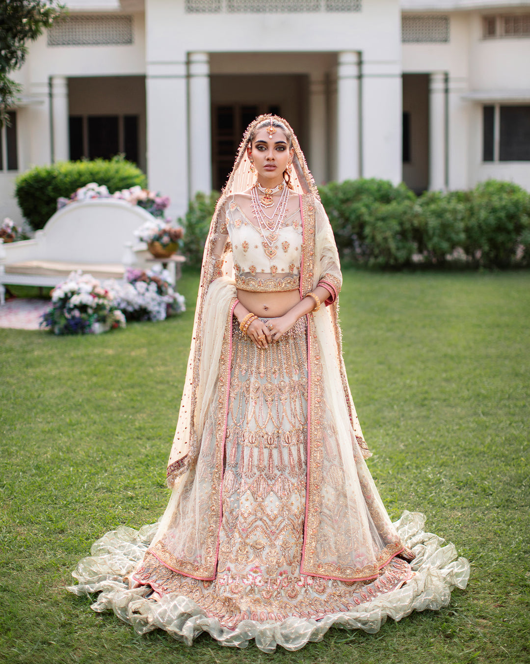 Pakistani Bridal Dress in White Lehenga Choli Style Online