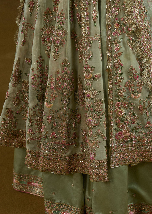 Pakistani Bridal Green Pishwas Lehenga Dupatta Dress Online